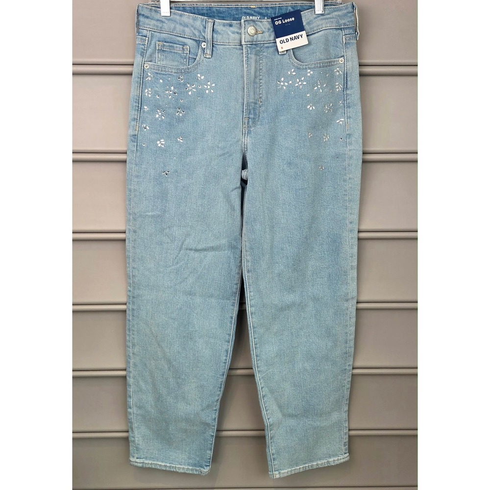 Old Navy OG Loose High Rise Rhinestone Floral Light Wash Jeans Womens 6 NWT